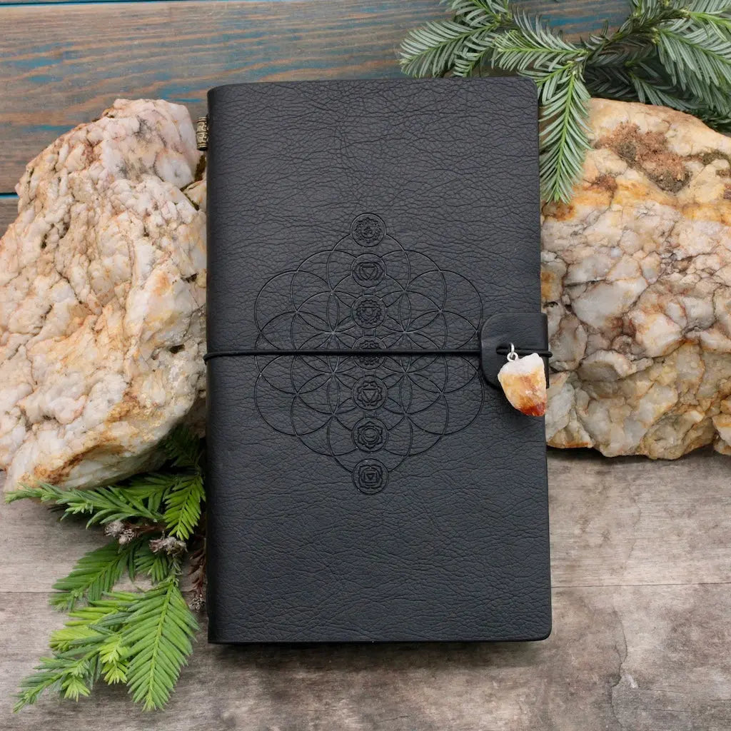 Leather Bound Crystal Journal - Chakra  Flower of Life Design