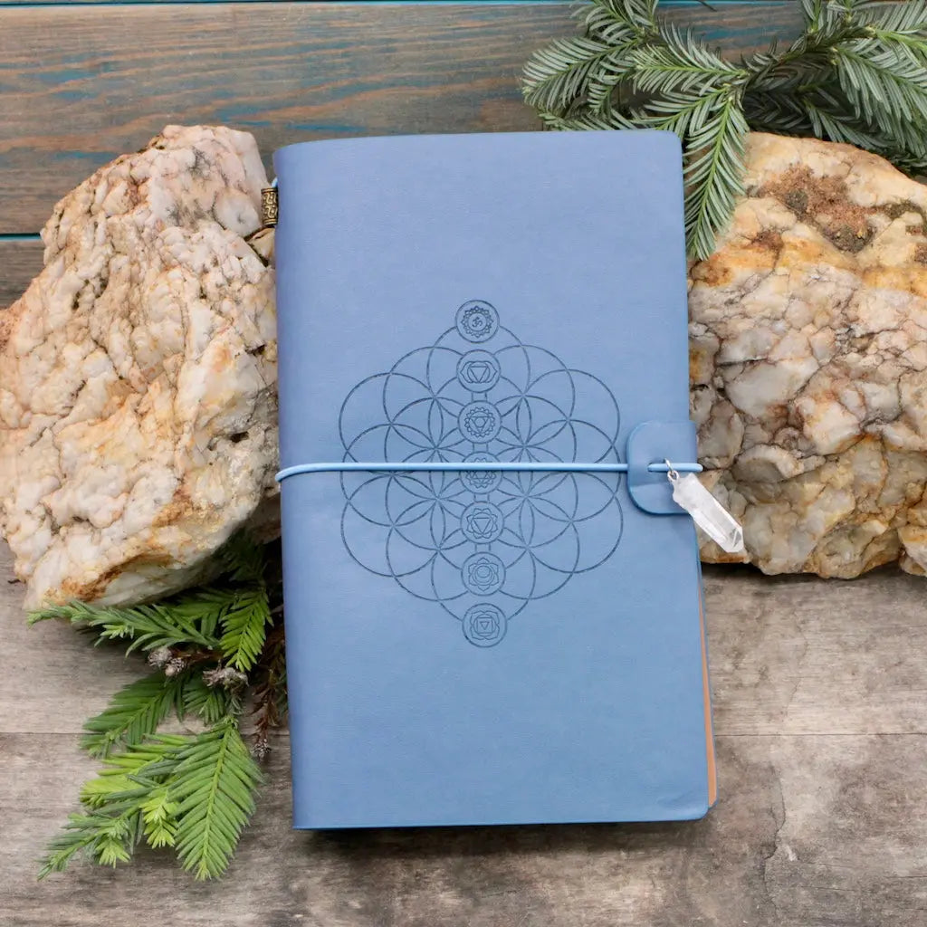 Leather Bound Crystal Journal - Chakra  Flower of Life Design