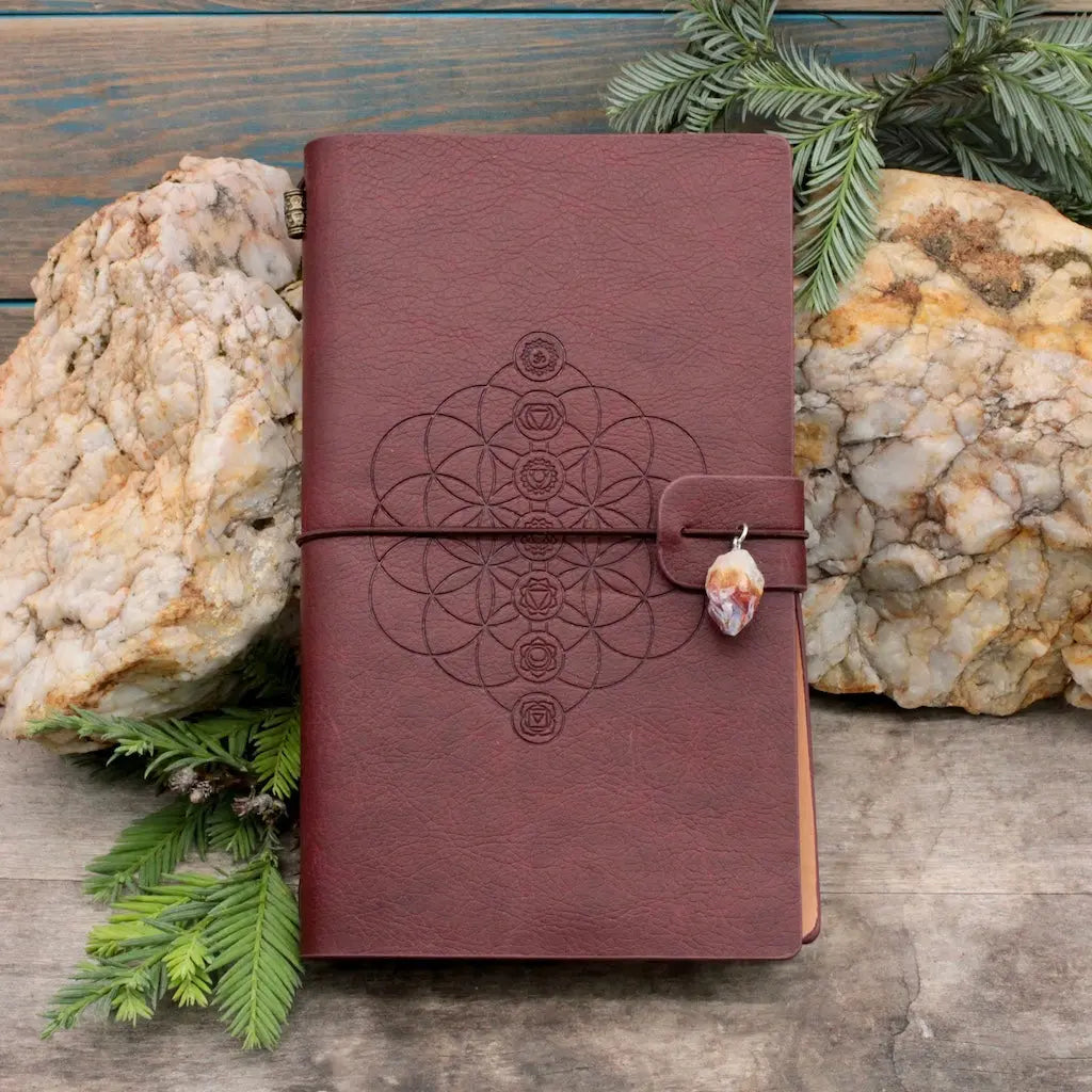 Leather Bound Crystal Journal - Chakra  Flower of Life Design