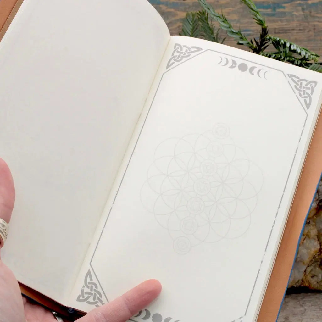 Leather Bound Crystal Journal - Chakra  Flower of Life Design