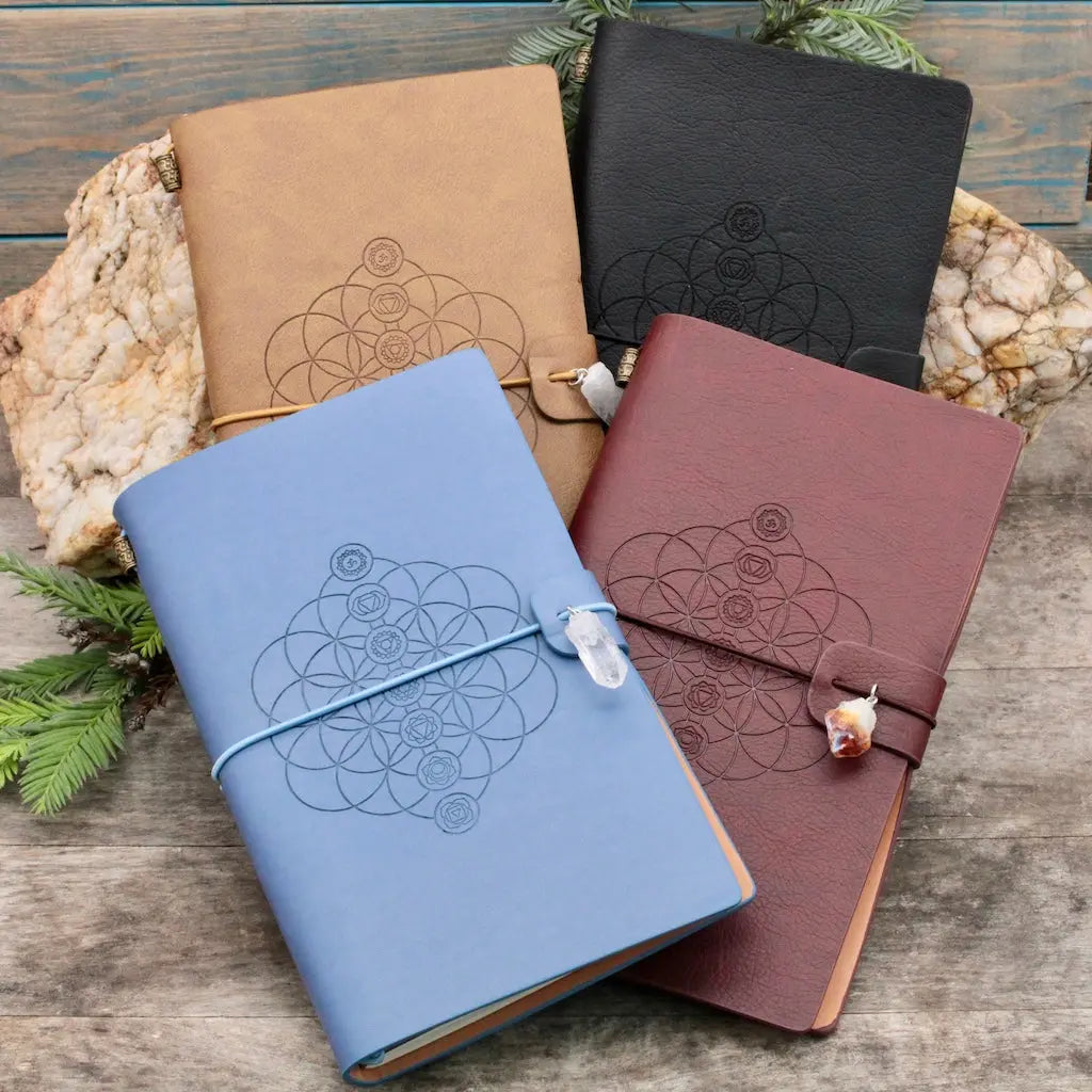 Leather Bound Crystal Journal - Chakra  Flower of Life Design